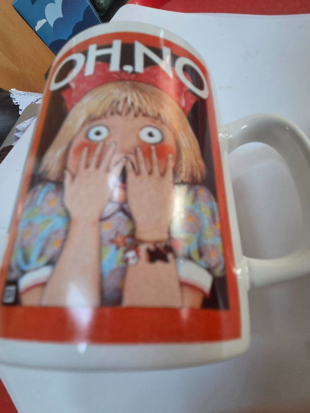 Mary Englebert Oh No ceramic mug 1990s with whimsical illustration with box